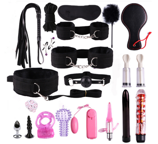 Adult BDSM Tool Kit with Cuffs, Whip, and Accessories